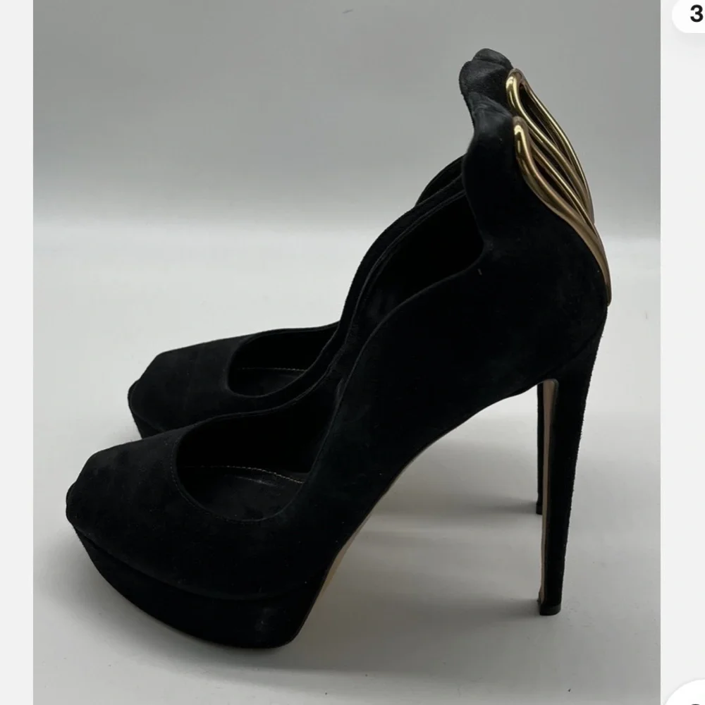 Sergio Rossi Black Suede Platform Peep Toe Pump w/ Gold Heel Cut-Out
